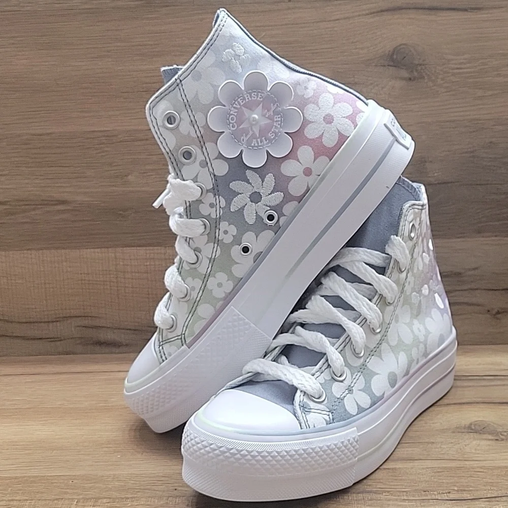 Converse White and Gray Floral High-Tops